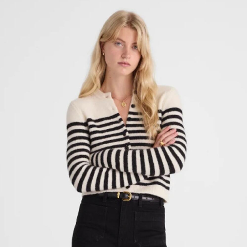 NWT Madewell CloudSoft Shrunken Cardigan Biscuit and Grey Stripe Crewneck Size S